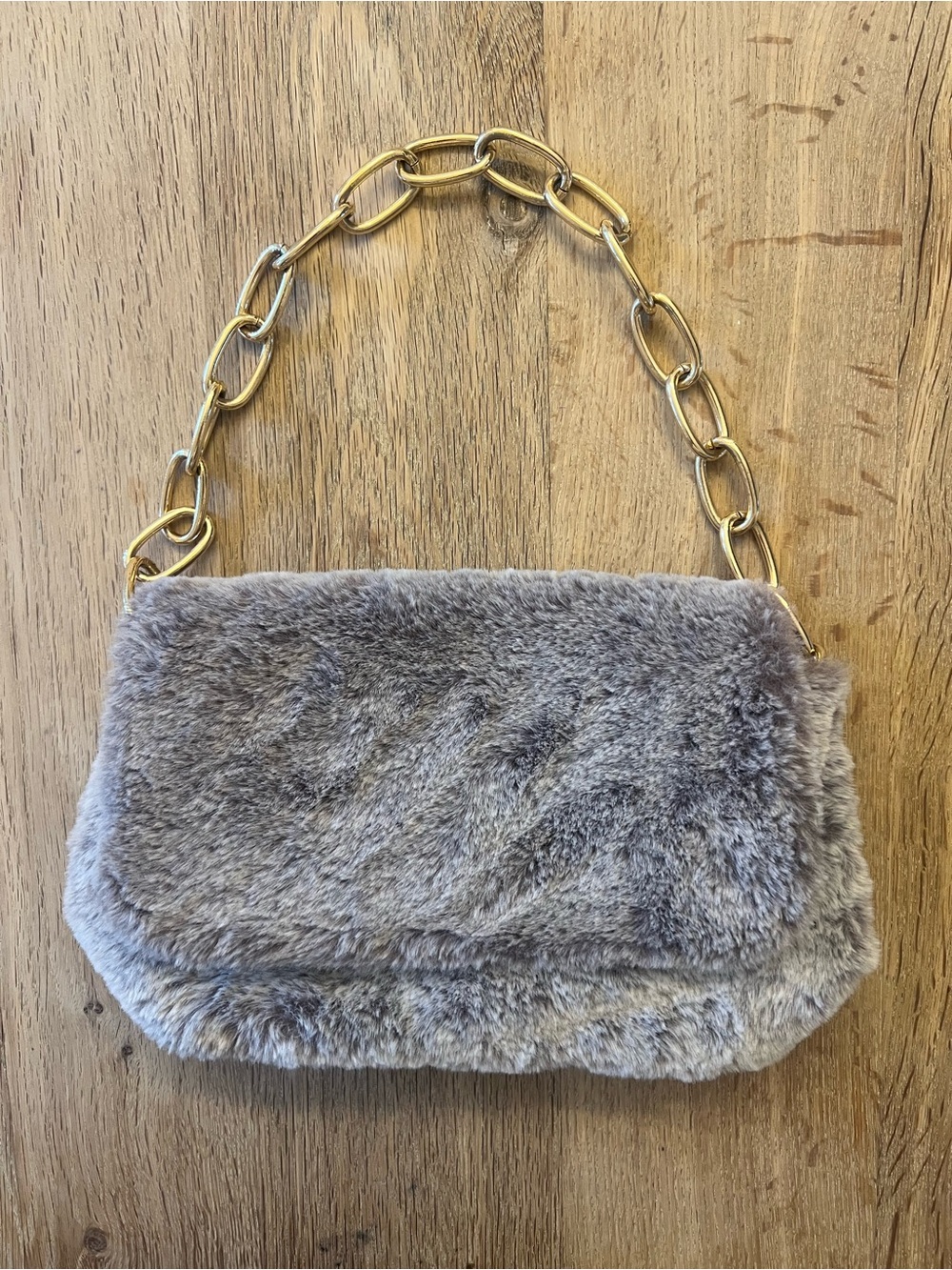 Forever 21 Gray Faux Fur Gold Chain Handbag